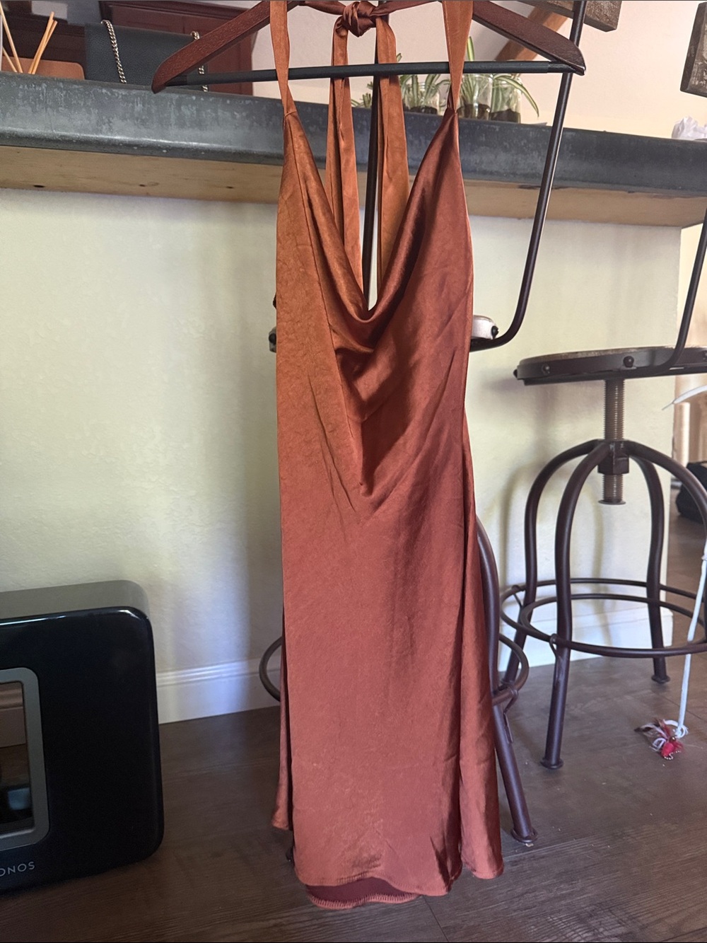 Satin Backless Slip Dress in Rust Copper